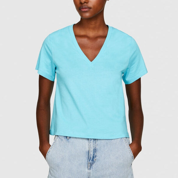 Sisley V-Neck Organic Cotton T-Shirt - Turquoise