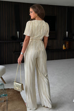 Load image into Gallery viewer, Stella White &amp; Gold Metallic Jumpsuit
