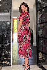 Load image into Gallery viewer, Britney Red Animal Angel Sleeve Split Leg Midi Dress
