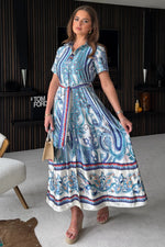 Load image into Gallery viewer, Aurora Maxi Blue Border Print Shirt Dress
