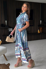 Load image into Gallery viewer, Aurora Maxi Blue Border Print Shirt Dress
