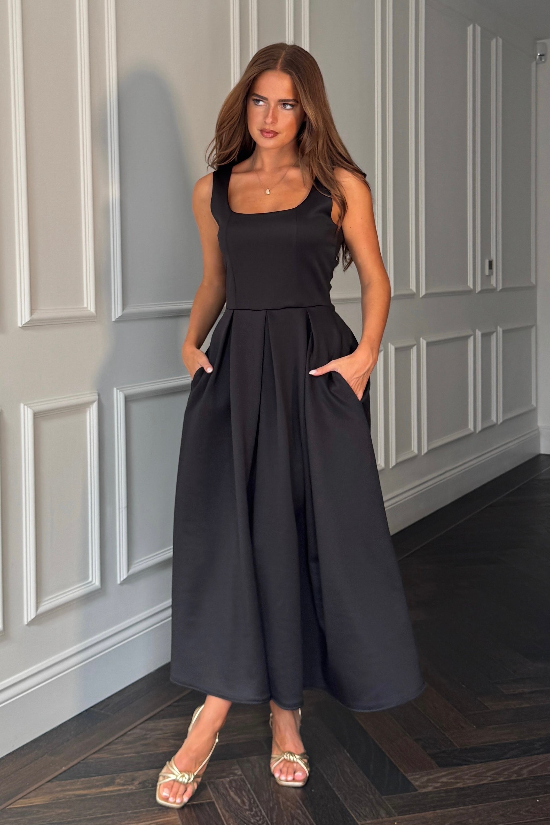 Erica Square Neck Pleated Midi Dress
