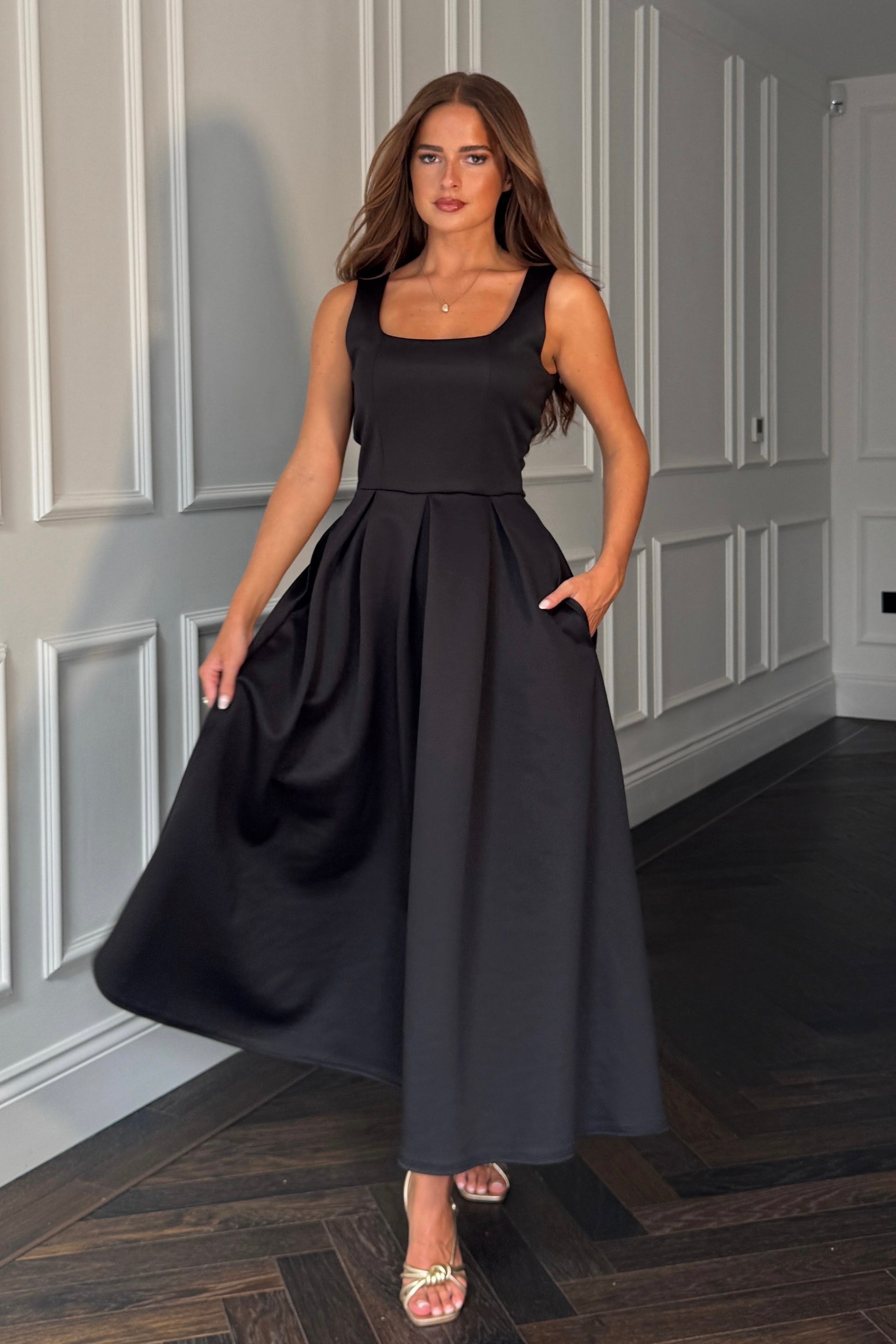 Erica Square Neck Pleated Midi Dress