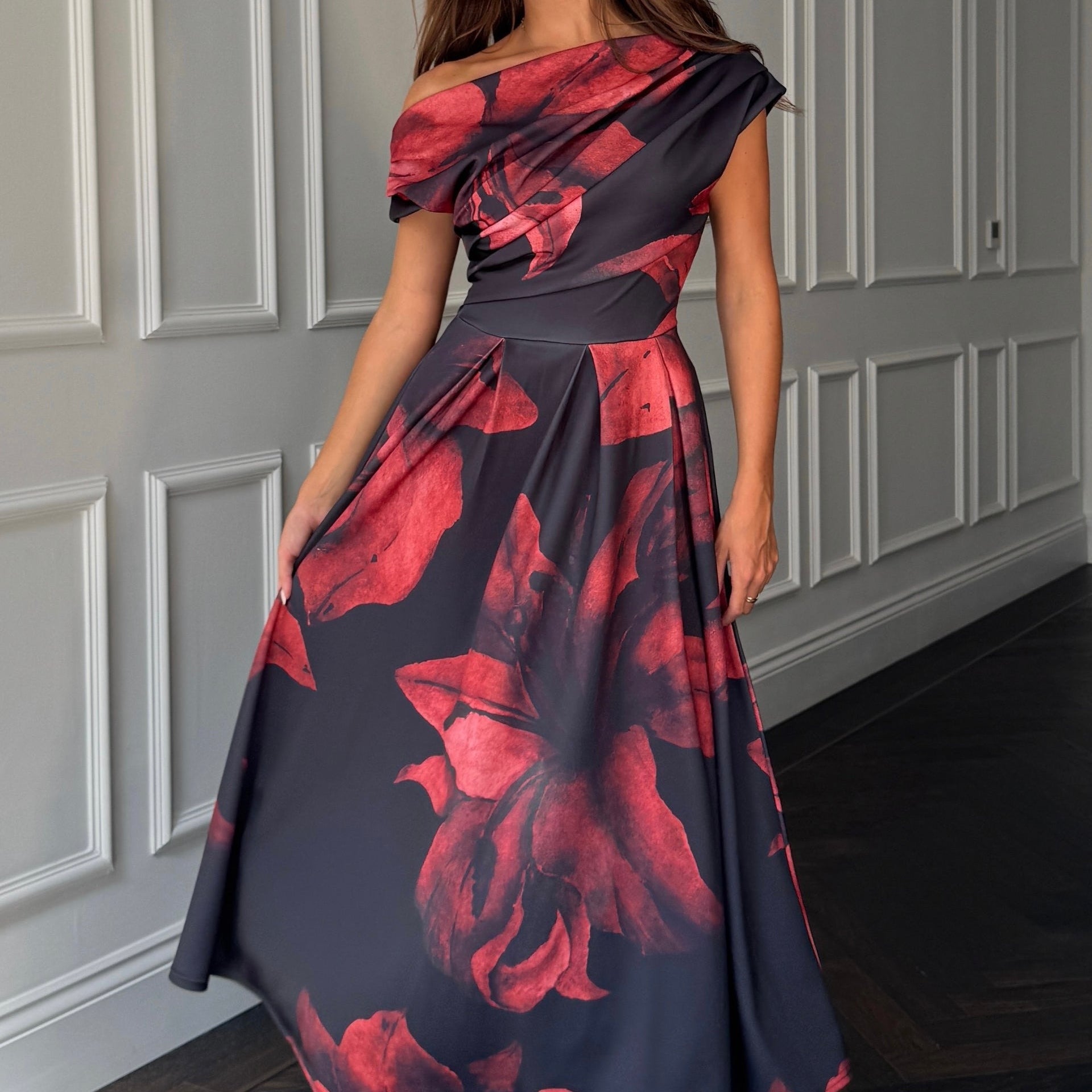 Betty Asymmetric Neckline Skater Midi Black Floral