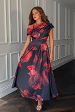 Load image into Gallery viewer, Betty Asymmetric Neckline Skater Midi Black Floral
