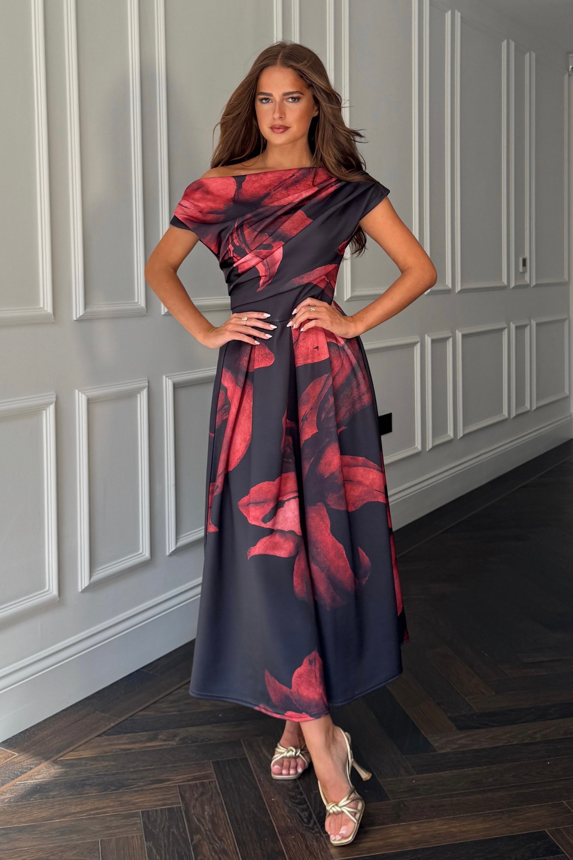 Betty Asymmetric Neckline Skater Midi Black Floral