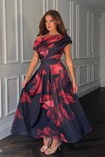 Load image into Gallery viewer, Betty Asymmetric Neckline Skater Midi Black Floral
