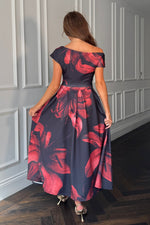 Load image into Gallery viewer, Betty Asymmetric Neckline Skater Midi Black Floral
