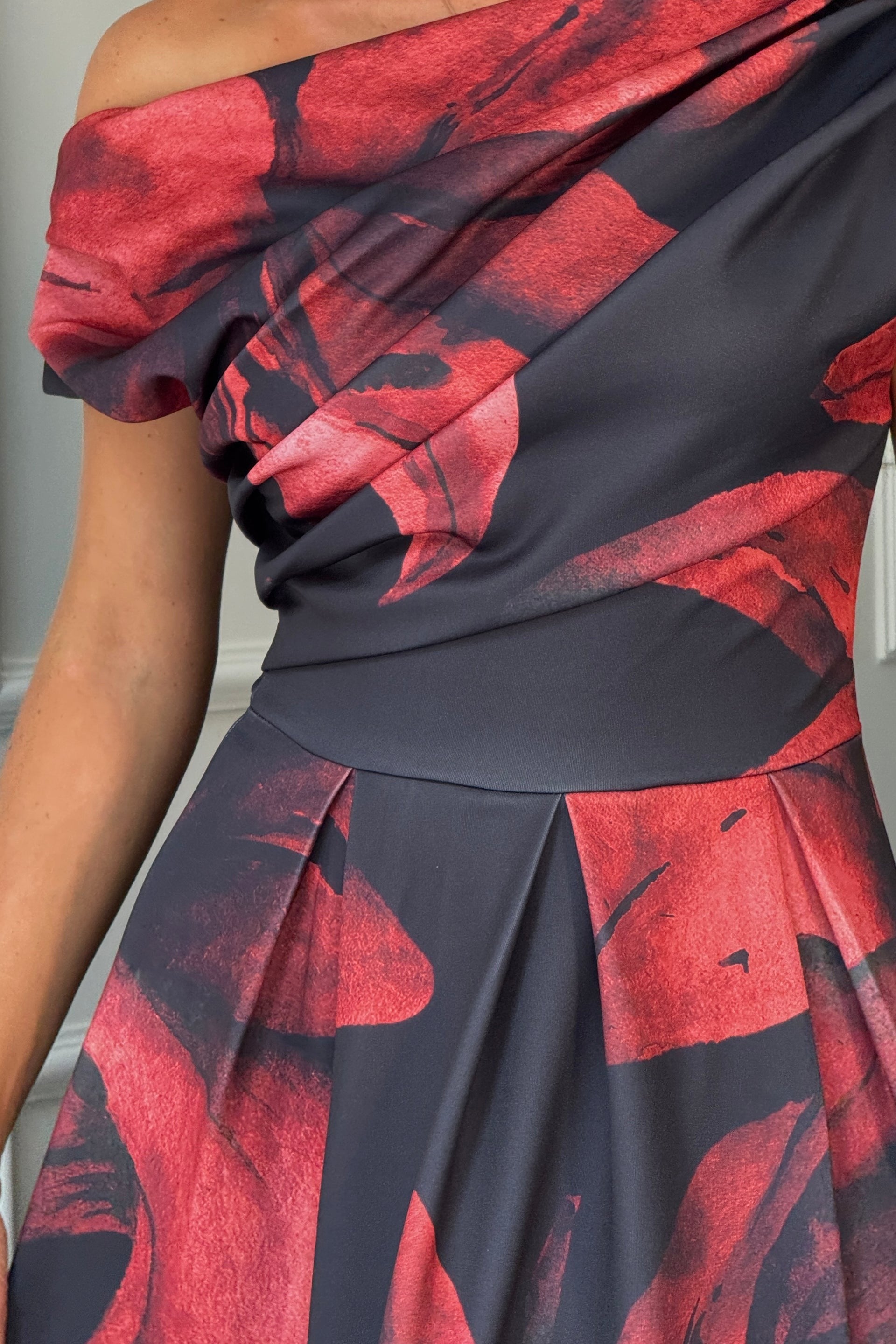 Betty Asymmetric Neckline Skater Midi Black Floral