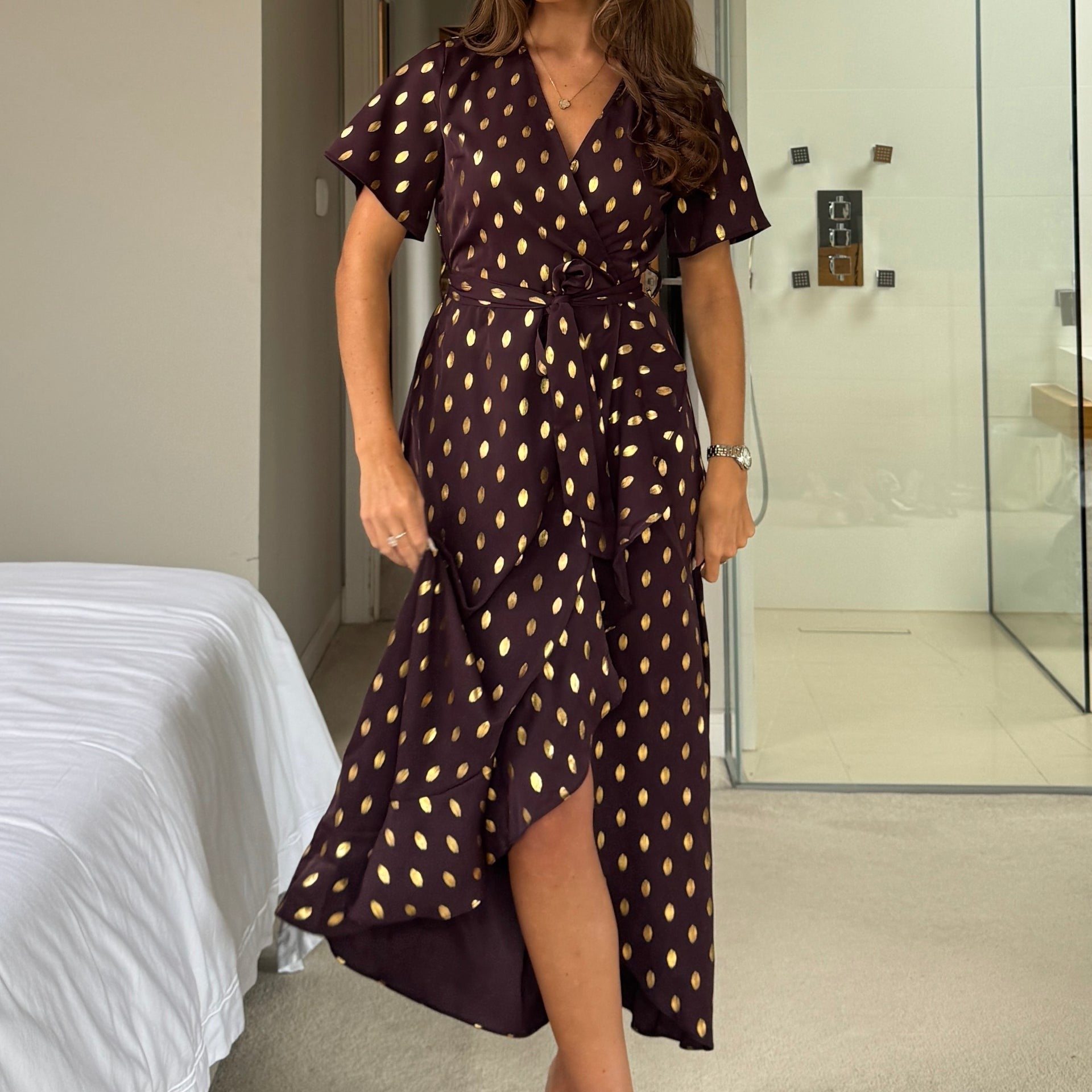 Farren Split Hem Frill Maxi Dress Brown