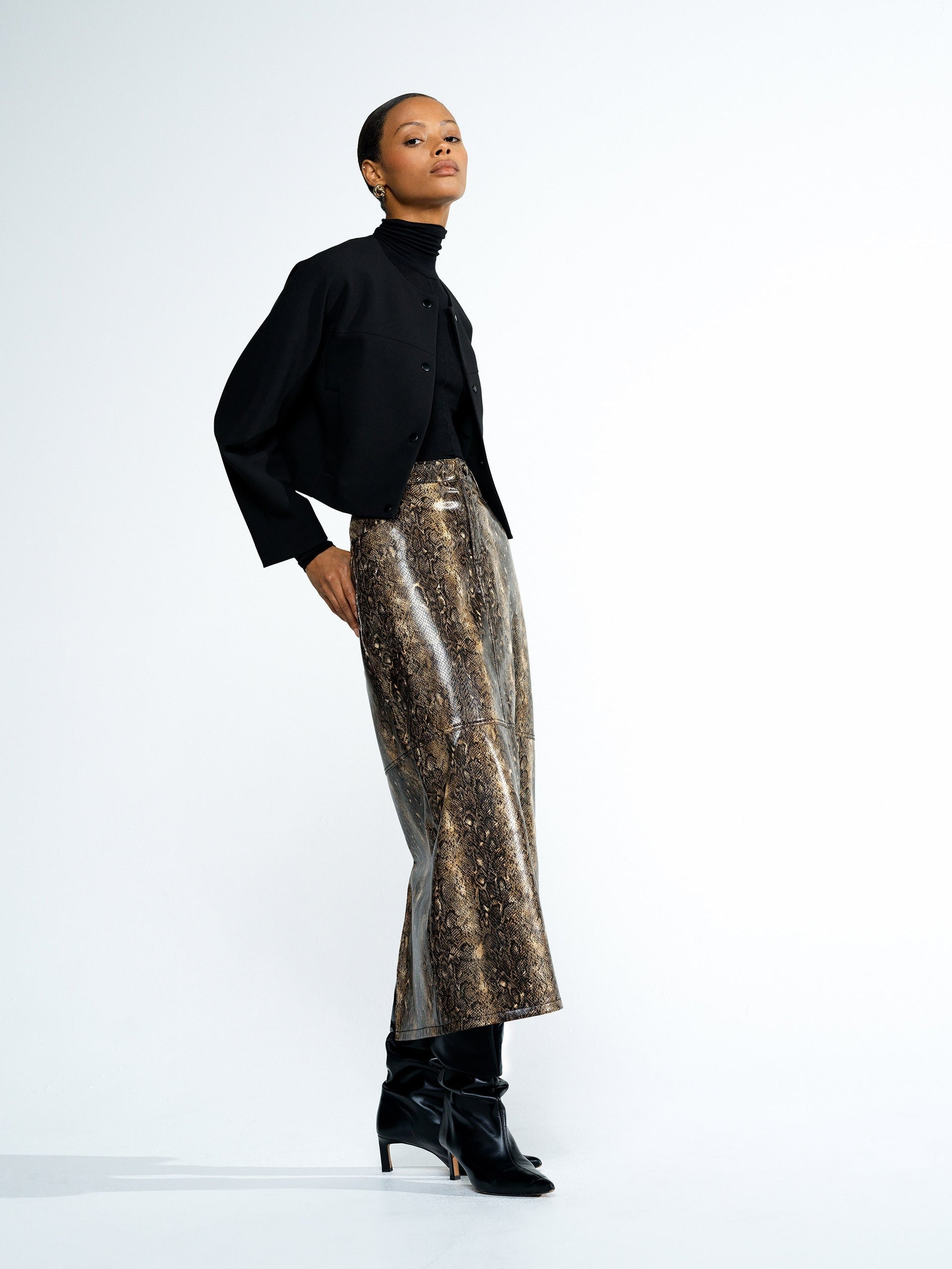 Brandy Snakeskin Pu Midi Skirt