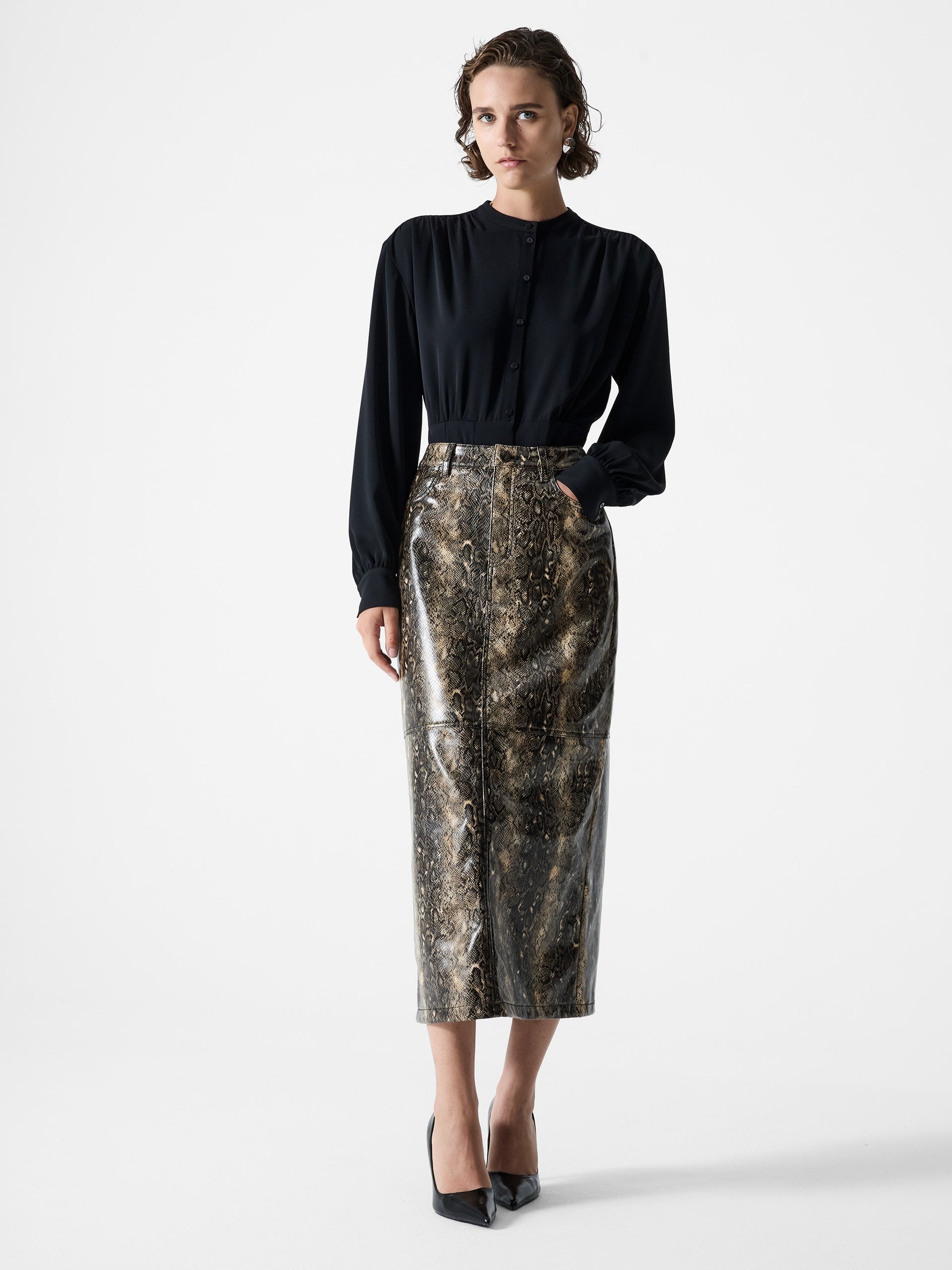 Brandy Snakeskin Pu Midi Skirt