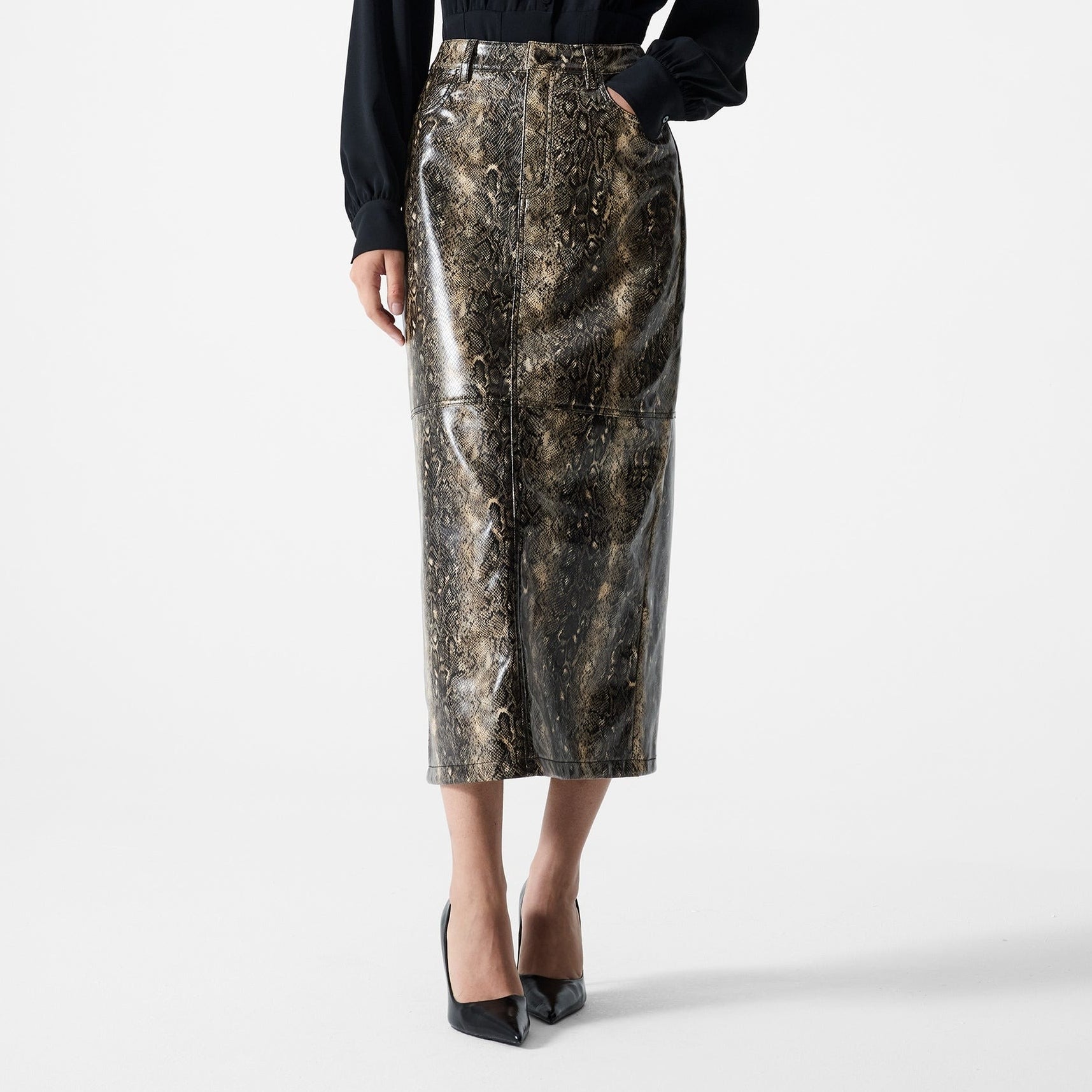 Brandy Snakeskin Pu Midi Skirt