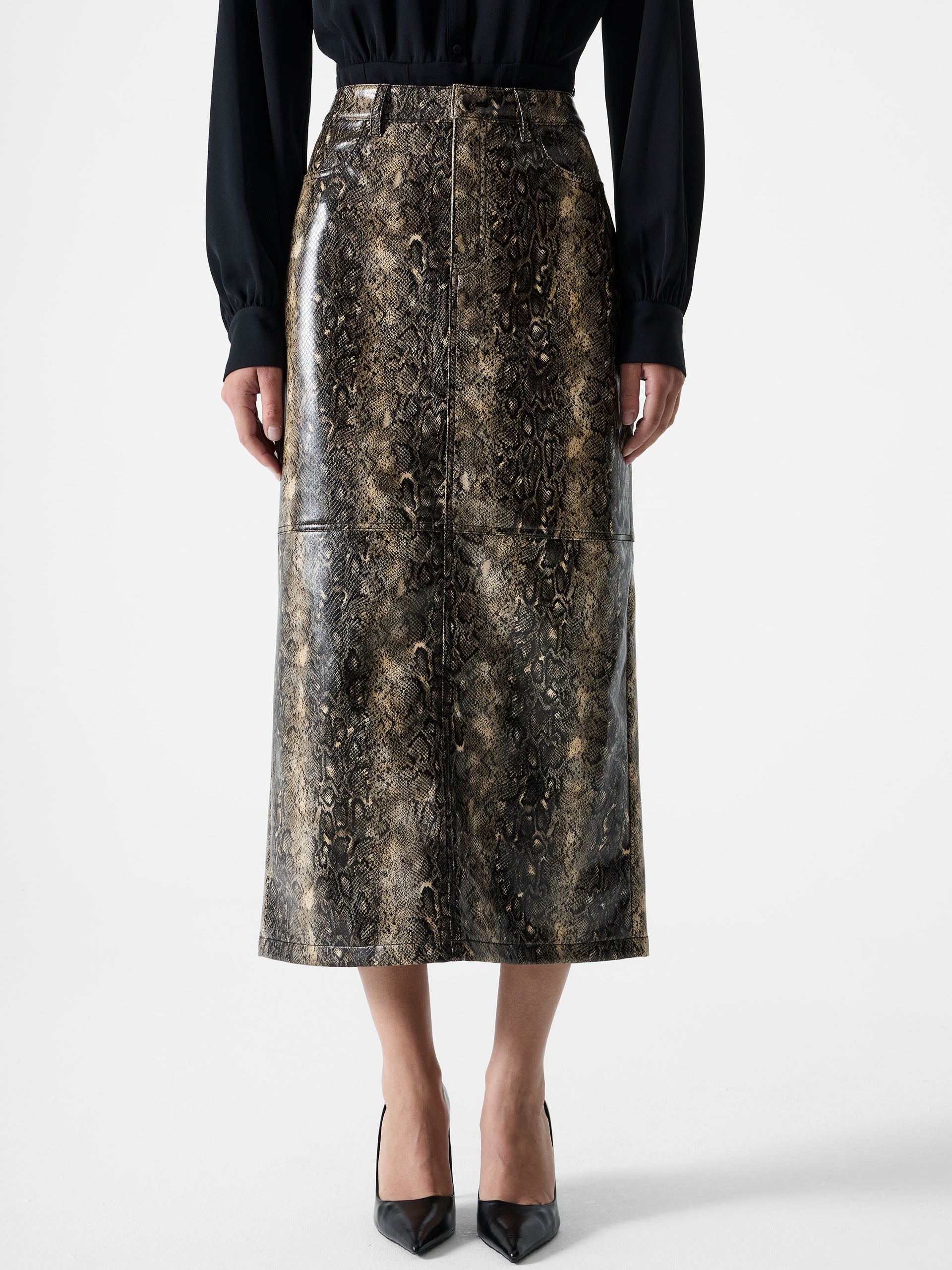 Brandy Snakeskin Pu Midi Skirt