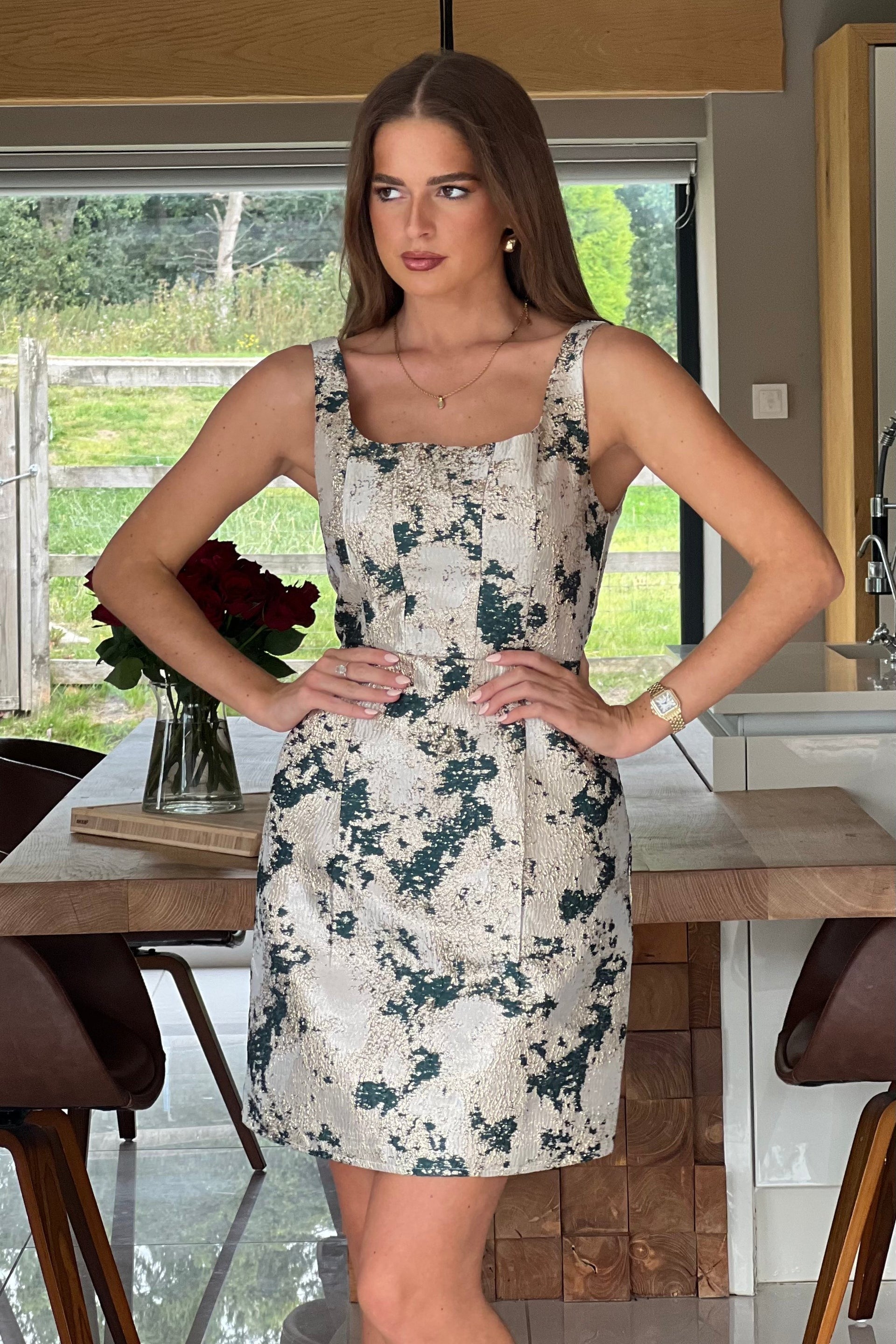 Shania Green Jacquard Structured Mini Dress