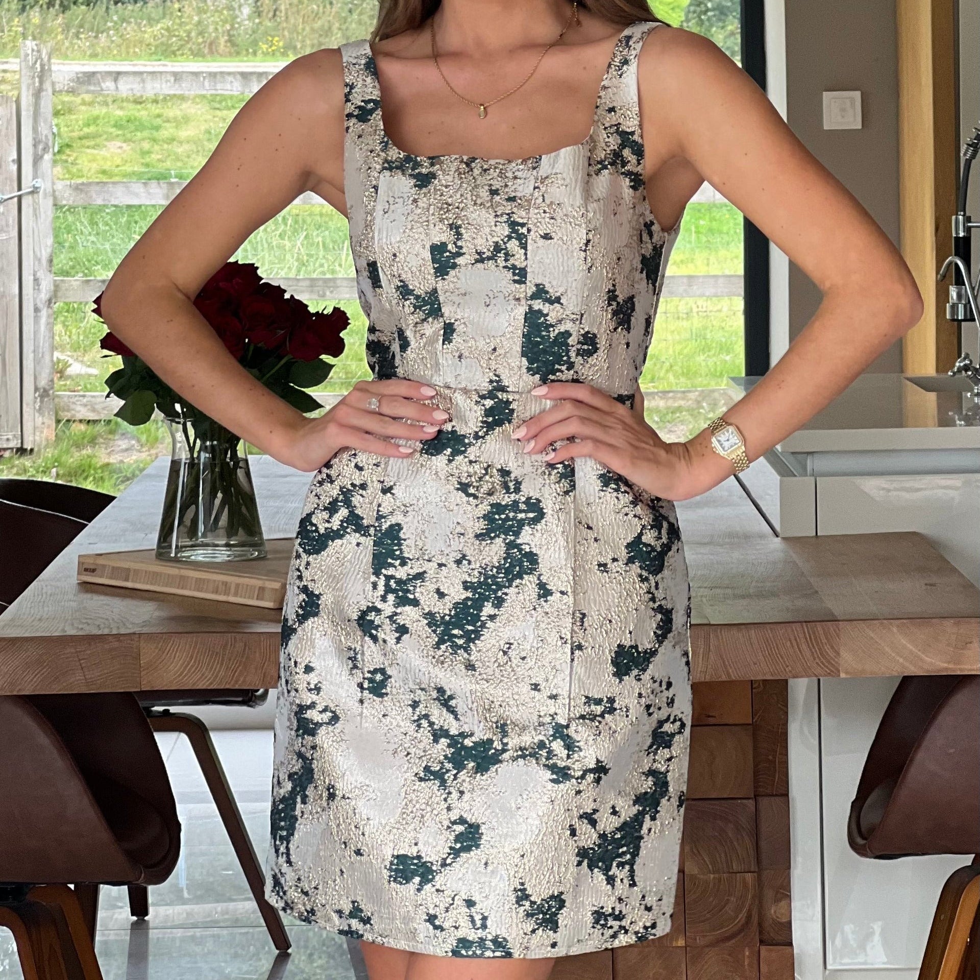 Shania Green Jacquard Structured Mini Dress