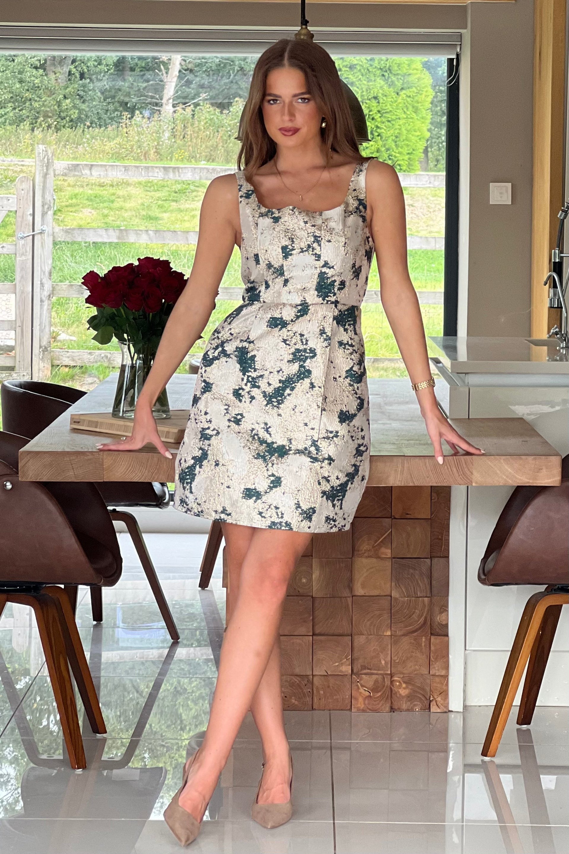 Shania Green Jacquard Structured Mini Dress