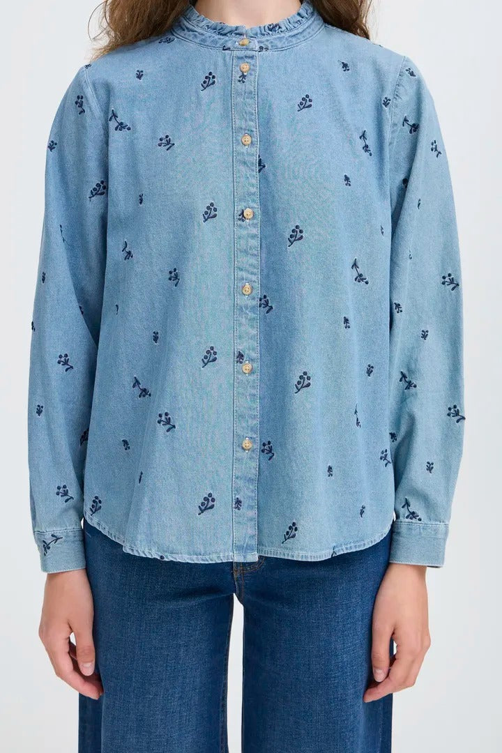 Ichi Flower Embroidered Denim Shirt
