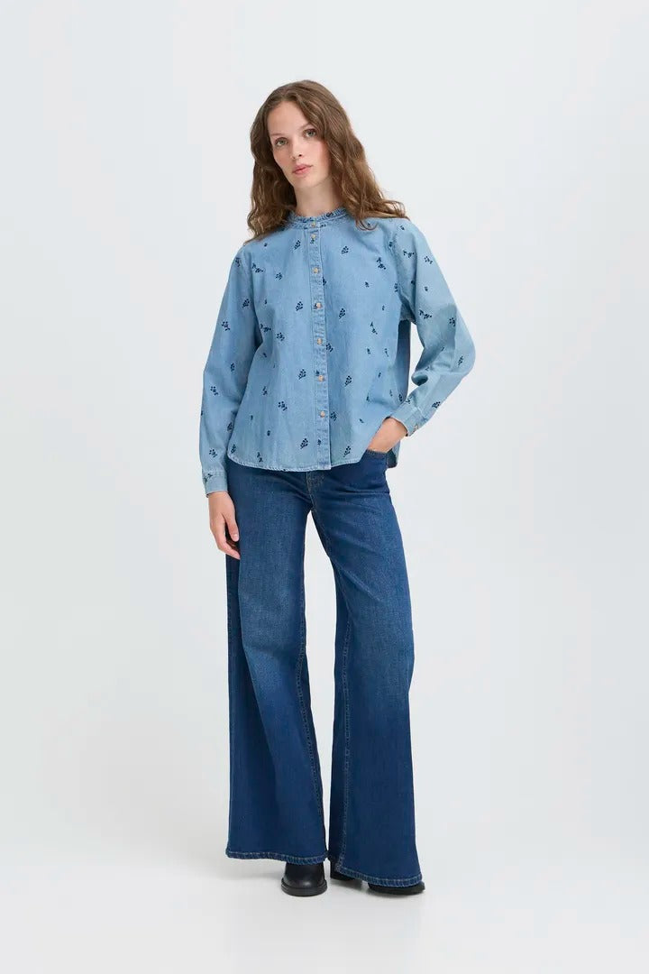 Ichi Flower Embroidered Denim Shirt