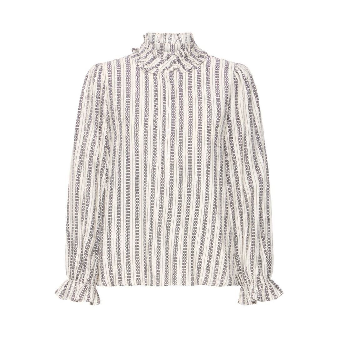 Ichi Striped High Neck Ruffle Blouse