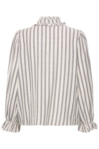 Ichi Striped High Neck Ruffle Blouse