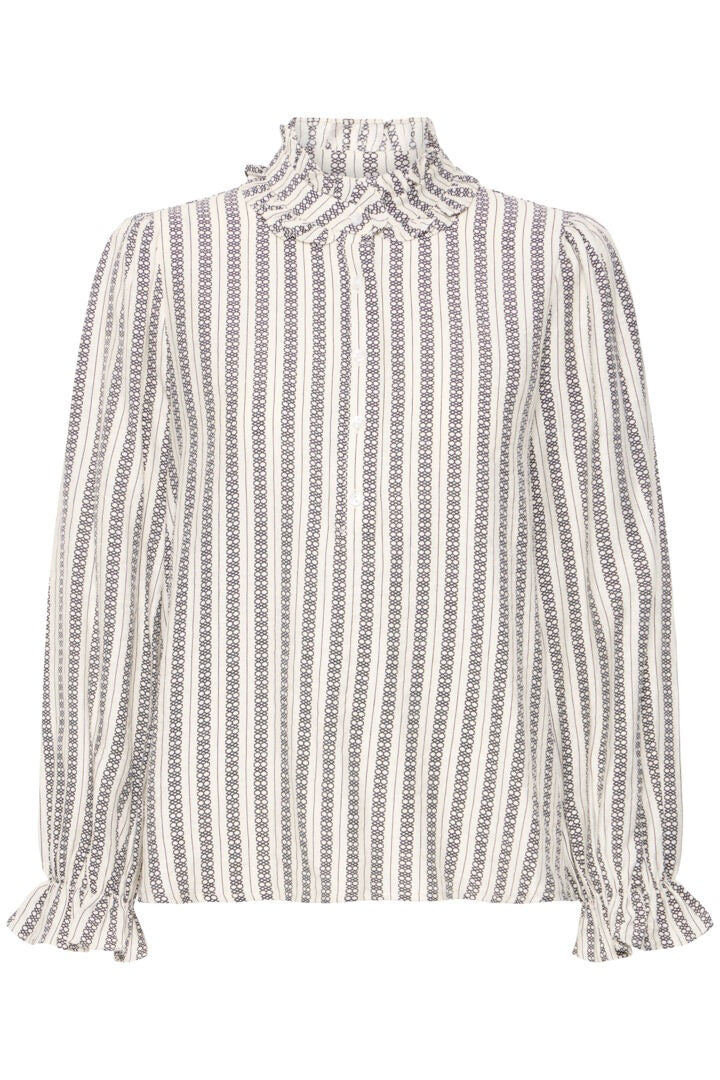 Ichi Striped High Neck Ruffle Blouse