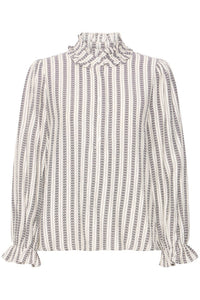 Ichi Striped High Neck Ruffle Blouse