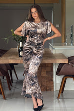 Load image into Gallery viewer, Cleo Ruched Midi Dress Abstract Gold Print
