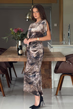 Load image into Gallery viewer, Cleo Ruched Midi Dress Abstract Gold Print
