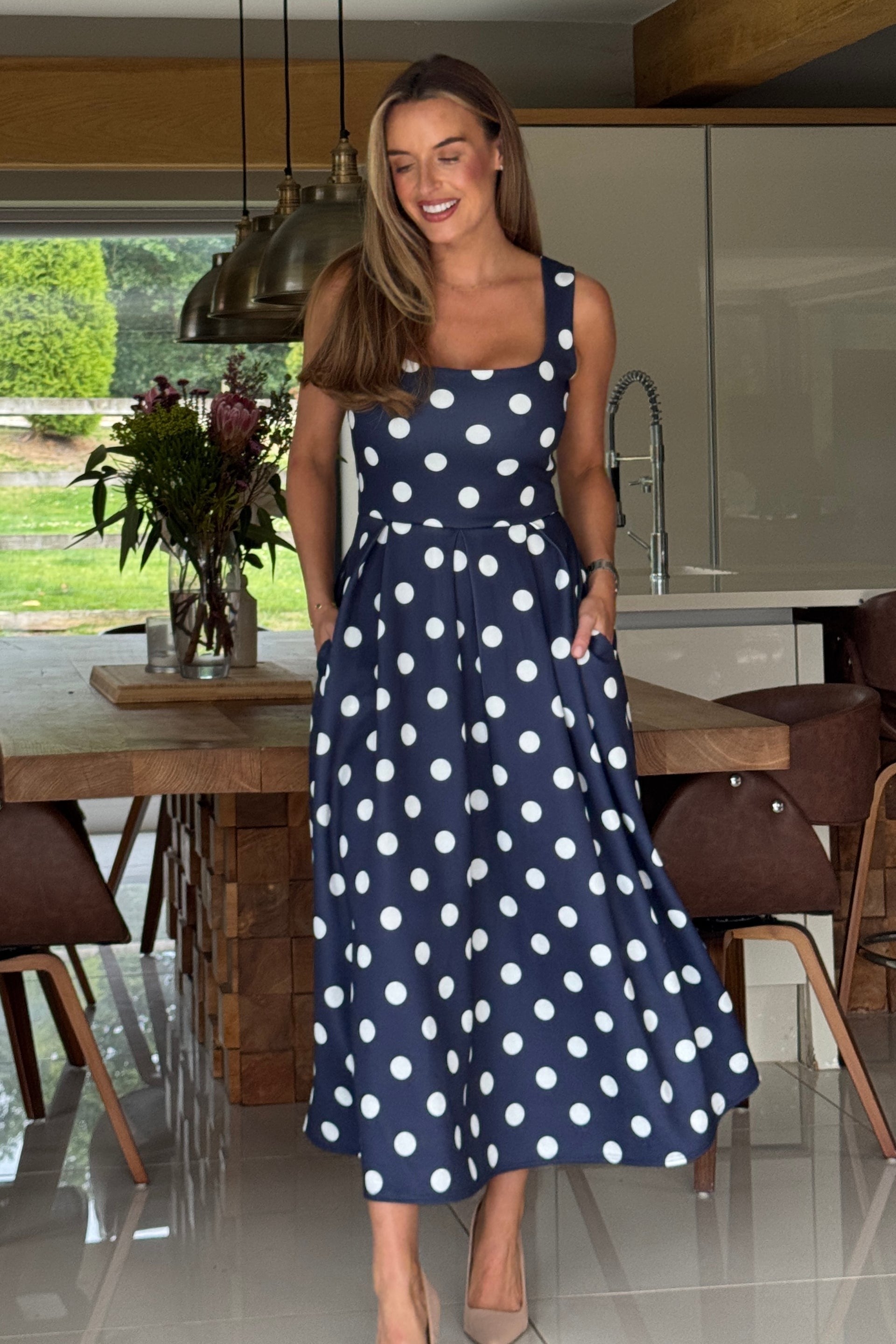 Erica Square Neck Pleated Midi Navy Spot