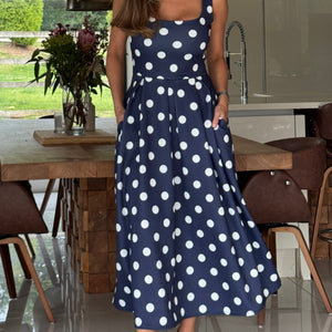 Erica Square Neck Pleated Midi Navy Spot