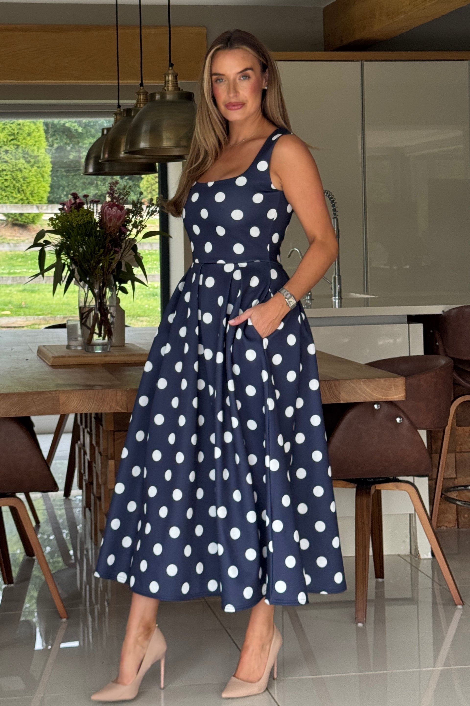 Erica Square Neck Pleated Midi Navy Spot