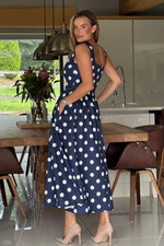 Load image into Gallery viewer, Erica Square Neck Pleated Midi Navy Spot

