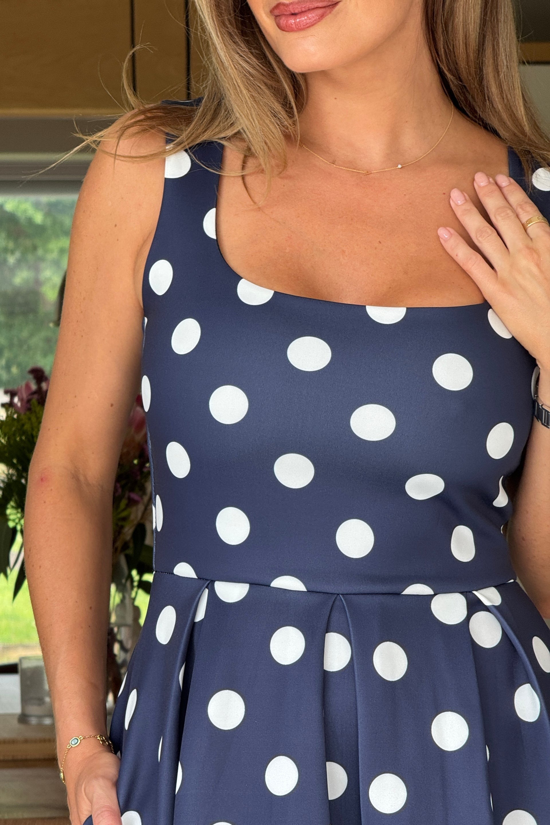 Erica Square Neck Pleated Midi Navy Spot
