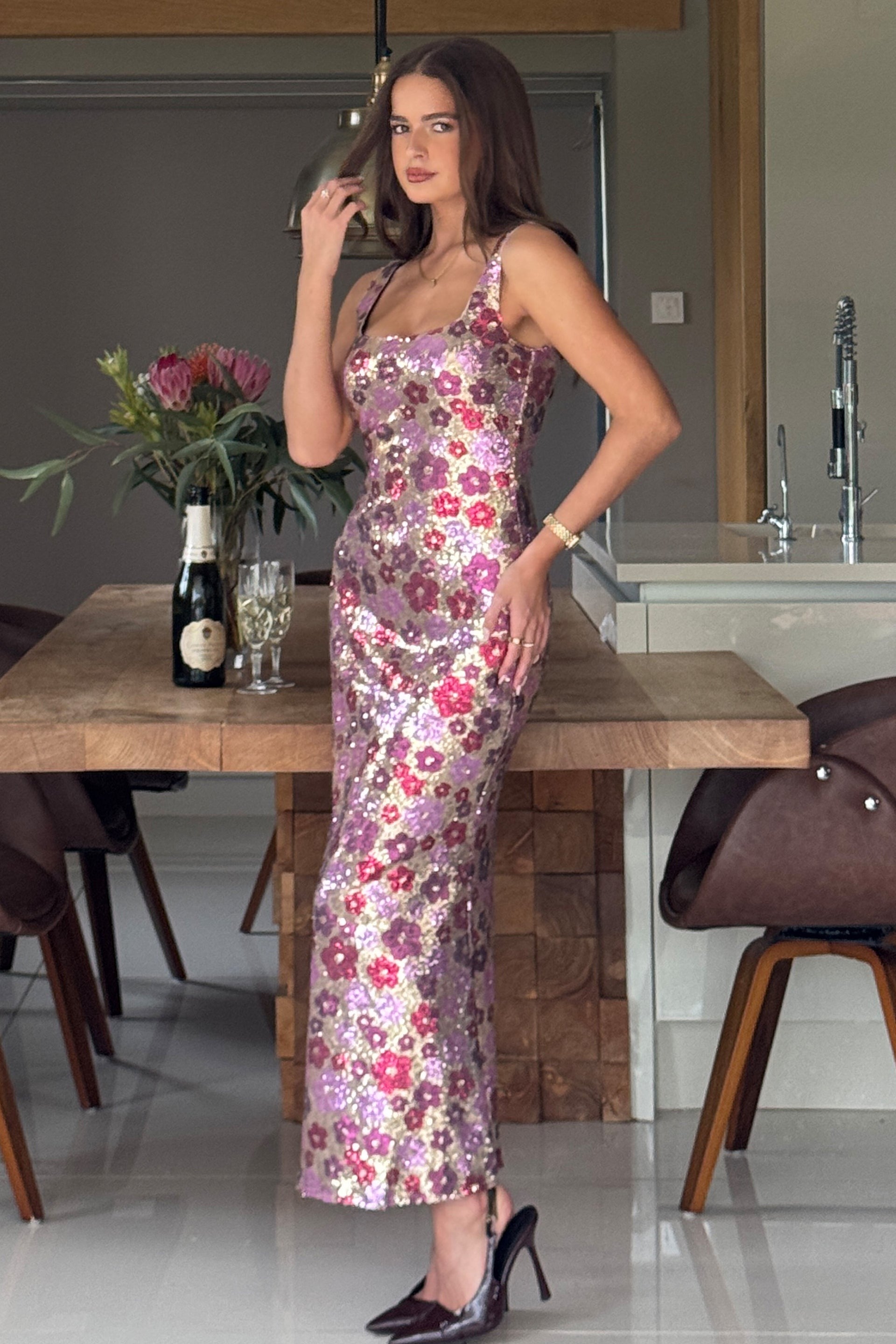 Lisbon Square Neck Pink Gold Sequin Dress