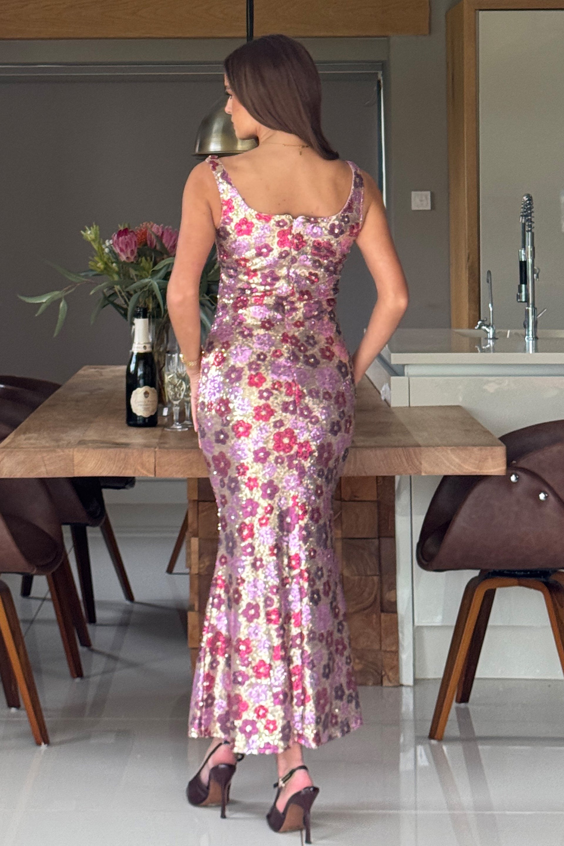 Lisbon Square Neck Pink Gold Sequin Dress