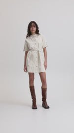 Load and play video in Gallery viewer, ICHI Short Denim Shirt Dress With Tie - Pristine
