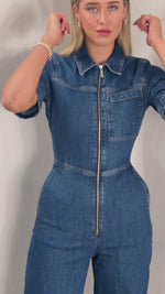 Load and play video in Gallery viewer, Selected Femme Denim Jumpsuit - Medium Blue
