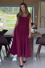 Load image into Gallery viewer, Erica Square Neck Pleated Midi Dress Berry
