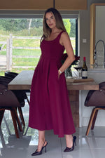 Load image into Gallery viewer, Erica Square Neck Pleated Midi Dress Berry
