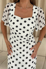 Load image into Gallery viewer, Heidi Polka Dot Ruched Midi Dress
