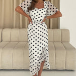 Load image into Gallery viewer, Heidi Polka Dot Ruched Midi Dress
