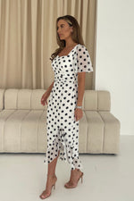 Load image into Gallery viewer, Heidi Polka Dot Ruched Midi Dress
