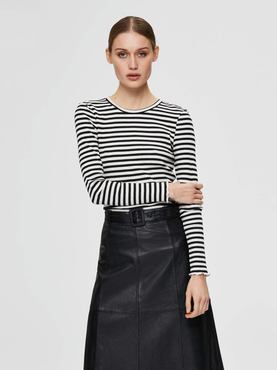 Selected Femme Breton Striped Ribbed Long Sleeved T-Shirt - Black/White