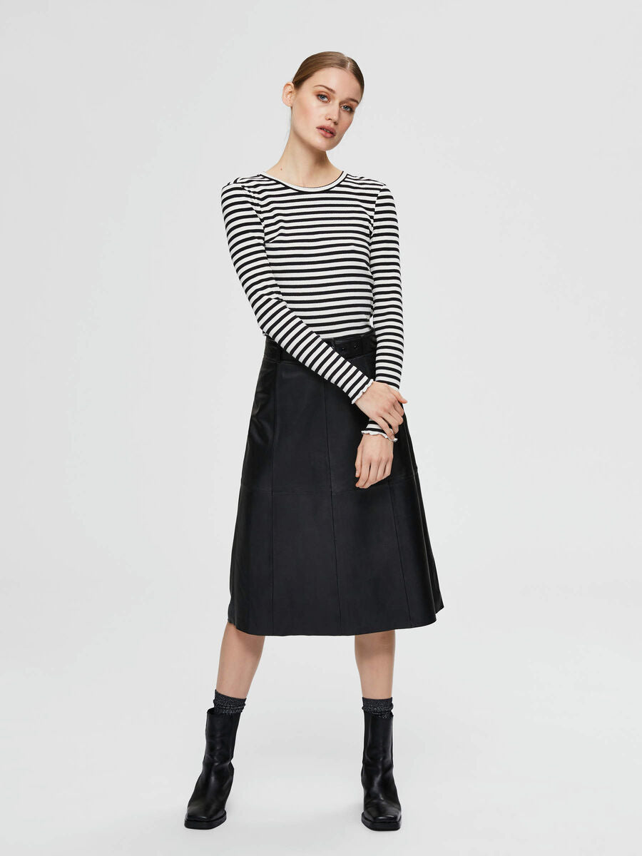 Selected Femme Breton Striped Ribbed Long Sleeved T-Shirt - Black/White