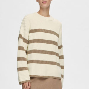 Paige Chunky Ribbed Striped Knitted Jumper - Snow White/ Beige