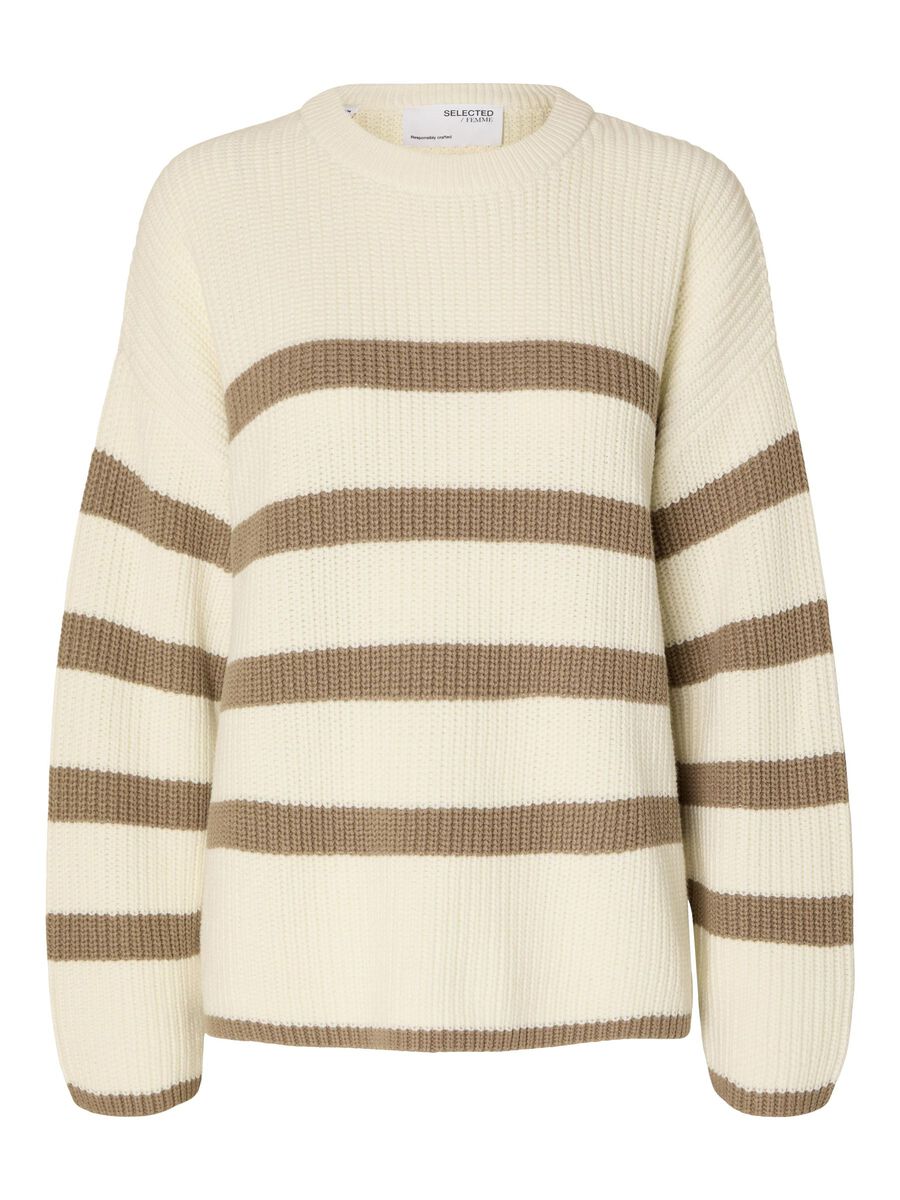 Selected Femme Chunky Ribbed Striped Knitted Jumper - Snow White/ Beige