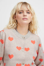 Load image into Gallery viewer, ICHI Heart Print Cardigan - Oatmeal W. Hot Coral
