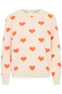 ICHI Heart Pullover Jumper -  Oatmeal W. Hot Coral