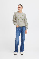 Load image into Gallery viewer, ICHI Heart Pullover Jumper -  Oatmeal W. Green
